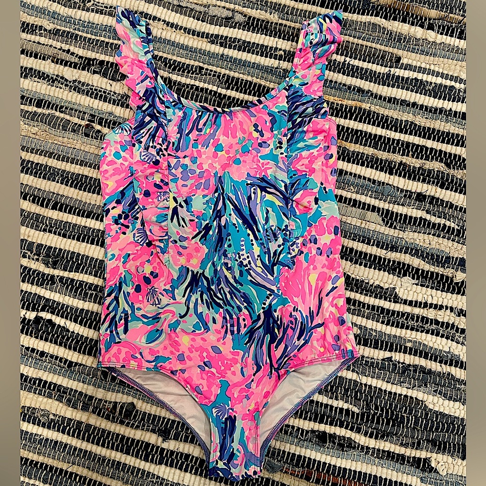Lilly Pulitzer Girls One-Piece UPF 50+ Swimsuit Size: 12; Blue, Pink and White